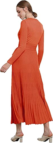 Image of Women's Long Sleeve Sweater Dress Ankle Length Fall Dress Vneck Knit Winter Dress