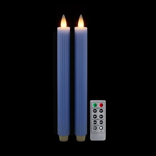 「CozierGlow フレームレステーパーキャンドル|青系豎条?デザイン 本物ろう質感|3D 動く光 電池式 LED|最大 400 時間長時間使用|リモコン + タイマー付き|高さ 9 インチ 2 個セット」