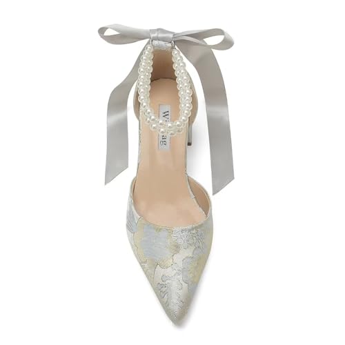 Floral Satin Wedding Shoes for Bride Block Heel Pointed Toe Pearl Bridal Shoes Wedding Heels2