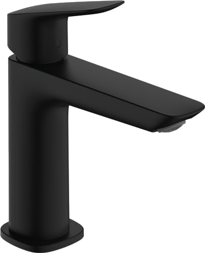 hansgrohe Logis Fine - Waschtischarmatur mit Push-Open Ablauf Wasserhahn Bad mit Auslauf Höhe 110mm Mischbatterie Waschbecken wassersparend (EcoSmart) Mattschwarz