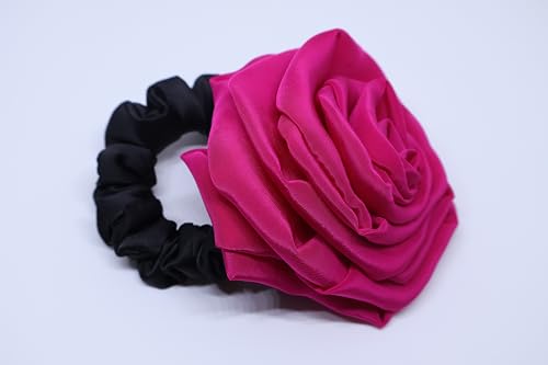 Image of Satin Scrunchies Hair Bands for Women | No-Damage Elastic Hair Ties for Ponytails & Buns | Fluffy & Stylish Rubber Bands | Free Size | Pack of 1 (Pink Rose)