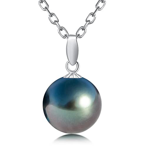 9-12MM Genuine Tahitian Black Pearl Necklace, AAA Quality Handpicked Nature Tahitian Black Pearls, 18K Solid White Gold/Yellow Gold Pendant, 40+2+3mm Adjustable Sterling Silver Chain
