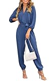 PRETTYGARDEN Jumpsuits For Women 2024 Fall Casual Dressy One Piece Outfits V Neck Long Sleeve Belt Pockets Long Pants Rompers (Denim Blue,Small)