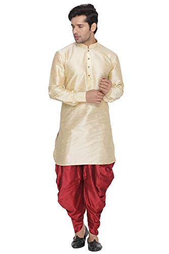 Image of Vastramay Men's Gold Curved Shape Pathani Style Silk Cotton Kurta - Mid-Length with Buttoned Cuff, Soft & Comfortable Ethnic Wear
