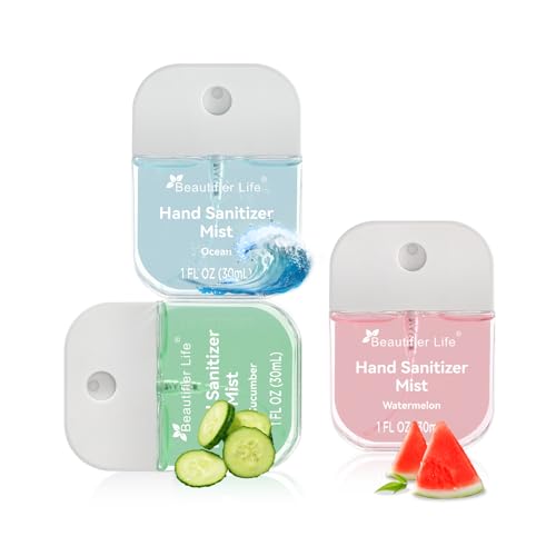 Beautifier Life Mini Portable Hand Sanitizer Spray (3-Pack) - Pocket-Sized 1 Fl Oz Travel, Ultra-Soothing 70% Alcohol Formula, Power Mist, No-Rinse Fast-Dry - Ocean Watermelon Cucumber