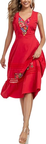 YZXDORWJ Women's Mexican Dress Floral Embroidered Casual Lace Ruffle Maxi Dress3