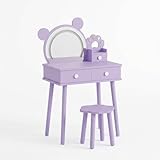 GarveeHome Kinder-Schminktisch-Set Mit Beleuchtetem Bärenspiegel,Holz-Prinzessin Make-Up-Tisch Mit Schubladen Und Hocker,Kindersicheres Schlafzimmermöbel Für Mädchen