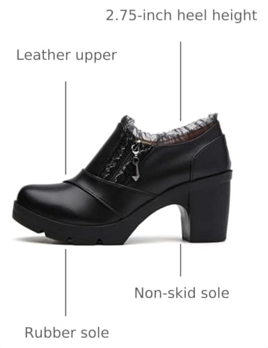 DADAWEN Women's Casual Zipper Lace Platform Mid-Heel Square Toe Oxfords Dress Shoes - Black, Size 7.5 angle 3
