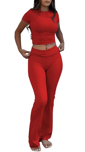Nimsruc Two Piece Lounge Sets For Women Summer Outfits Short Sleeve Petite Pant Sets Comfy Matching Clothing Big Red XL