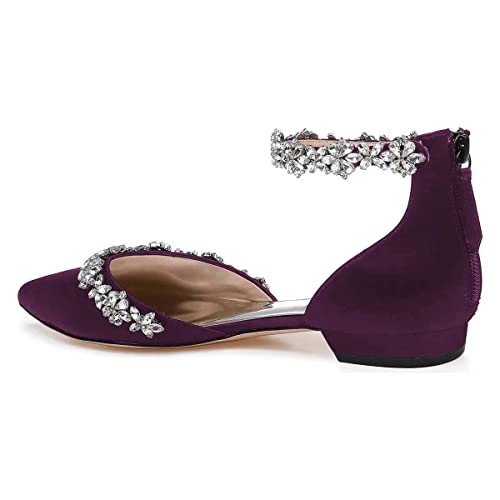 Image of XYD Women Classic Pointed Toe D'Orsay Wedding Flat Sandals Sparkly Rhinestones Ankle Strap Low Heel Dress Shoes with Zipper
