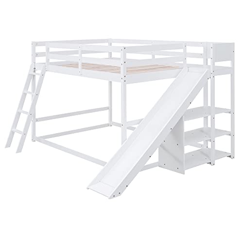 Full Over Full Low Bunk Bed With Slide And Storage Shelves, Wooden Floor Bunk Bed Frame With Ladder, Convertible Full Size Loft Bed With Bookcase For Kids Boys Girls Teens, White #TOP4