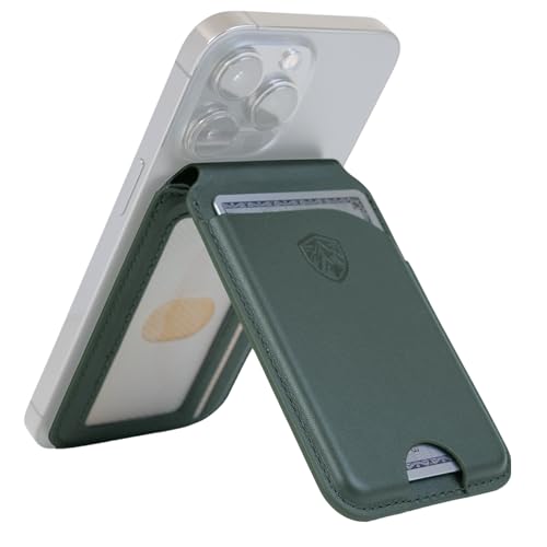 Imán fuerte y estilo premium en tarjetero RFID verde cedro para iPhone
