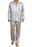 JupiterSecret Mens Satin Pajamas Set Long Sleeve Button Down Silky Pjs Sets 2 Pieces Sleepwear with Pockets (White,XL)