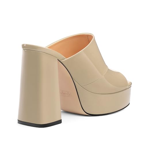 Image of Women Square Open Toe Platform Chunky Heel Slide Sandals | Slip On High Heel Dress Sandals, Elegant Formal Footwear For Wedding Club Evening Party Events