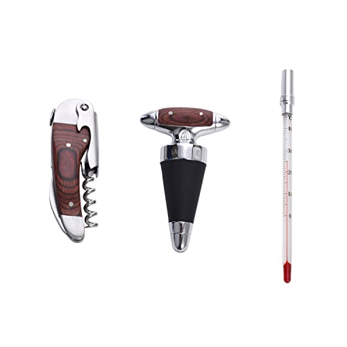 LAGUIOLE - Set 3 Accessoires à vin de Luxe - Tire-Bouchon, Bouchon stoppeur, Thermomètre - Bois de Pakka - Coffret pour Tous Les Amateurs de vin