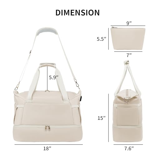 Image of Leaper Sports Duffel Bag with Charging Port, Travel Duffle Weekender Overnight Gym Bag for Women with Wet Pocket and Shoes Compartment, Yoga Crossbody Handbag Beige