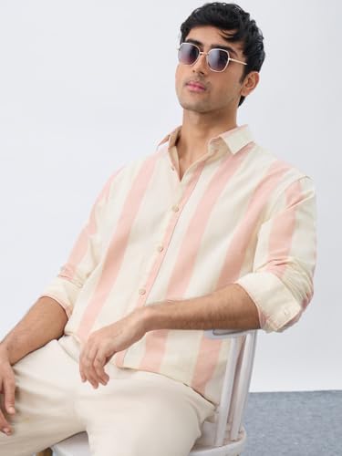 Image of The Souled Store Cotton Linen Stripes: Apricot Men and Boys Long Sleeves Collared Neck Orange Stripes Regular Fit Lightweight Comfortable Summer Cotton Linen Shirts