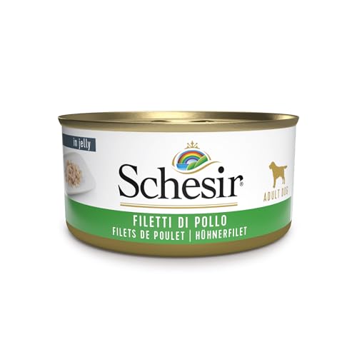 Schesir, cibo umido per cuccioli, filetti di pollo aromatizzati con aloe preparati in gelatina morbida, per un totale di 2,7 kg (18 lattine da 150 g)