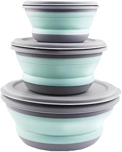 Faltschüssel mit deckel, Razatik 3Pcs Camping Faltbare Schüssel Tragbare salatschüssel Frischhalteboxen Runden Frischhaltedose für Camping Wandern Küche Schule im Freien (Grün)