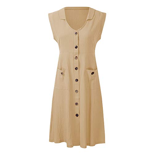 Loijon Mulheres verão vestido de linho de algodão cor sólida v pescoço sem mangas botão bolso casual