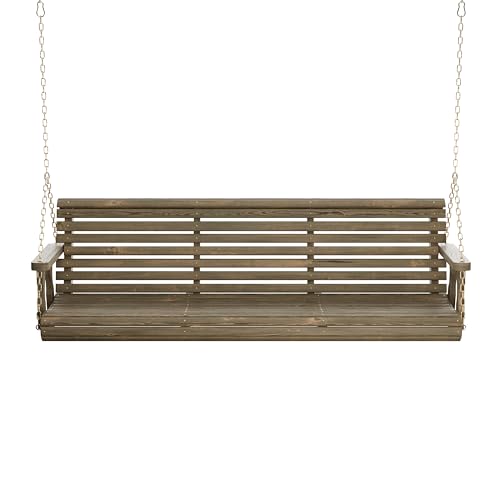 Image of Amish Casual Heavy Duty 700 Lb Capacity Porch Swing (6 Foot, Dark Walnut Stain) - Wooden Outdoor Roll Back Swing with Hanging Chains - Amish Made in the USA