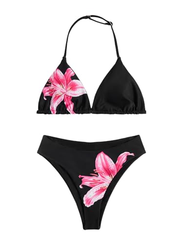Image of RoseSeek Girl's 2 Piece Swimsuits Floral Gingham Halter Triangle Wireless Bikini Bathing Suit