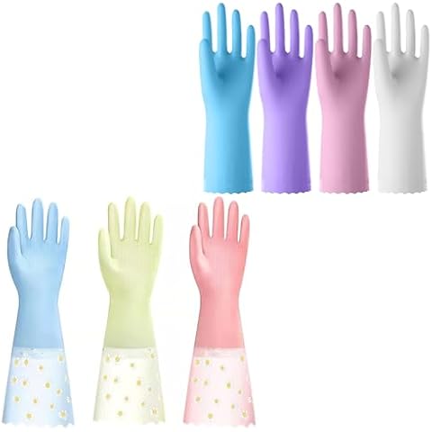 KAQ 4 Pairs Rubber Gloves with Cotton Liner and 3 Pairs Cleaning Gloves Non-Slip Dishwashing Kitchen Household Gloves Cover