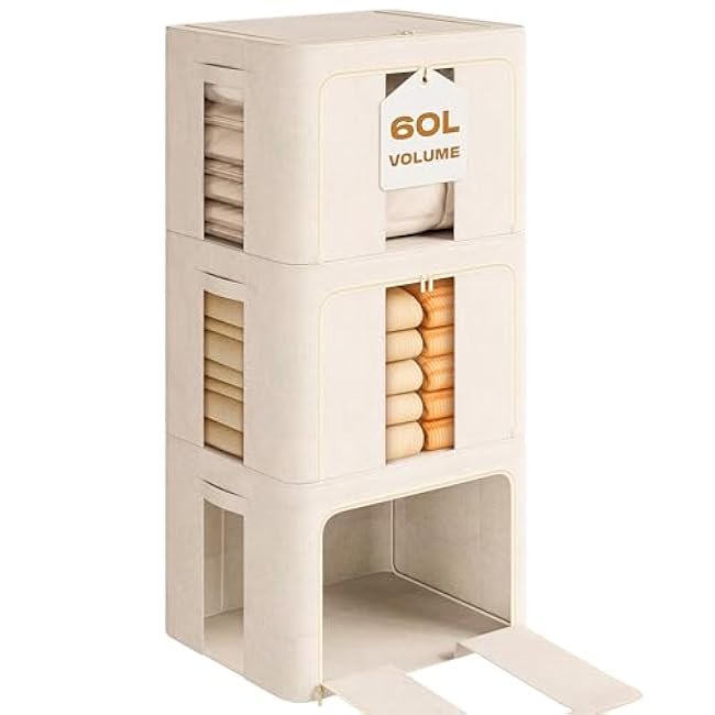 3Pack 60L Large Cloth Storage Bins with Metal Frame, Linen Storage Box with Clear Window, Stackable Sweater Storage for Closet, Clothes Containers for Comforters, Blankets, Quilts, T-shirt