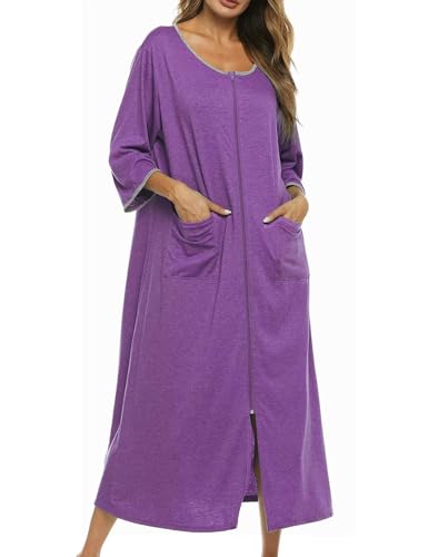 Image of Bloggerlove Zipper Front Robes for Women House Coat Half Sleeve Loungewear Long Nightgown with Pockets S-3XL