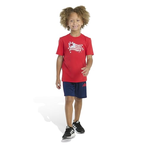 Image of adidas Kids Boys Graphic Cotton Tee 3-Stripes Short Set Casual Bottoms Casual - Red