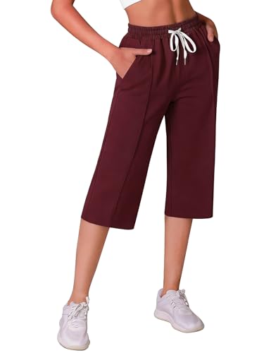 Crewhpo Pantacourt Femme Été Léger Pantalon 3/4 Ample Pantacourt Sport avec Poches Pantalon Jogging Taille Haute Bas de Survêtement Couleur Unie Pantalons...