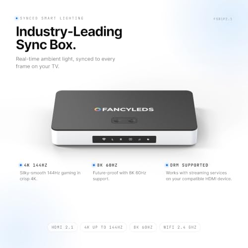 Image of Fancyleds 2.1 Fancy Sync Box Streaming Media Player TV LED Synced Backlight with HDMI 2.1, 4K 120Hz, 144Hz, 8K 60Hz, VRR, ALLM, 96 RGBW LEDs Per Meter Ambient Lighting (for 24 inch to 55 inch TVs)