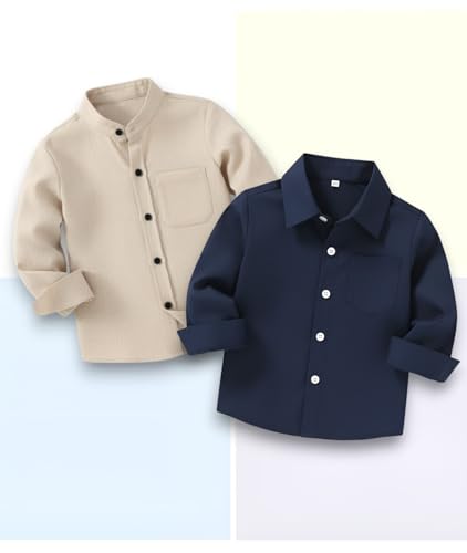 Image of Boys Mandarin Collar Shirt with Chest Pocket Beige and Rama Blue Color, Long Sleeve Button-Down Casual Shirt Pack of 2