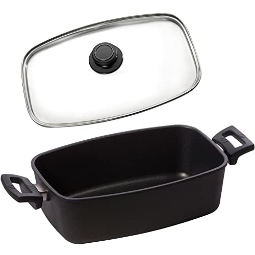 Eurolux Guss-Bräter Set mit Glasdeckel (Edelstahlrand) 33 x 22 cm - kleiner ofenfester Universal-Multibräter mit Antihaft-Beschichtung - 5.0 Liter - ohne Induktion - Made in Germany