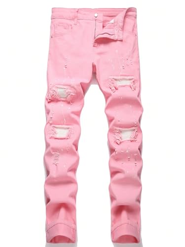 Mens Denim Ink Print Ripped Frayed Rag Stitching Jeans Zipper Jean Pants Casual Trousers for Men with Pocket