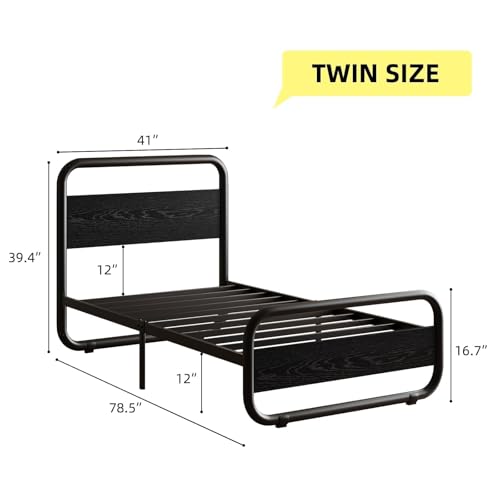 Image of Twin Bed Frames, Metal Platform Twin Bed Frame with Wood Headboard, Black