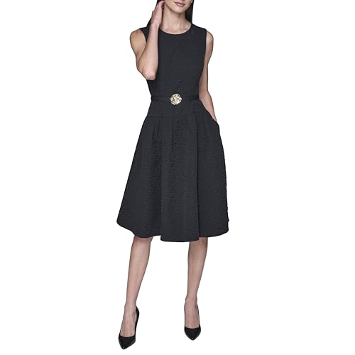 Image of Karl Lagerfeld Women's Sleeveless Crew Neck Flower Belt Floral Stretch Jacquard A-line Dress