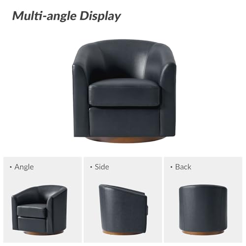 Image of HULALA HOME Genuine Leather Swivel Barrel Chairs Set of 2, Round Swivel Accent Chairs with Solid Wood Base, Leather Barrel Accent Chair for Living Room, No Assembly Required, Navy