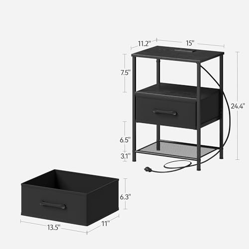 Night Stand Set 2, End Table with Charging Station, LED Bedside Table with Fabric Drawer for Bedroom, 3-Tier Side Table with Open Shelf, Black