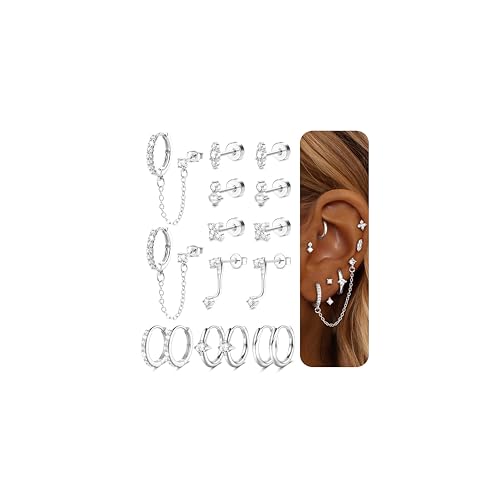 Dochais Hypoallergenic Flatback Stud Hoop 14K Gold Plated Earrings Stacks - Surgical Stainless Steel Earring Set Chain Cartilage Earrings - Small Ear Piercing Flat Back Earring for Women Trendy