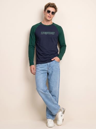 Image of Veirdo Pure Cotton Regular Fit Round Neck Front Chest Typographic Logo Printed Raglan Full Sleeve T-Shirt for Men (Colors: Green, Brown & Maroon)