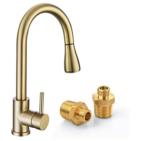 VFAUOSIT Gold Kitchen Faucet, Gooseneck with Pull Down Sprayer, Stainless Steel, Brushed, Single Hole, 1/2 Male Adapters, for Commercial Camper RV Farmhouse Bar Sink Cover