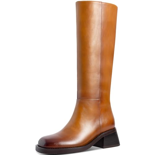 Knee High Boots Women Faux Leather Boots Low Heel Square Toe Side Zipper Fall Long Tall Boots For Women