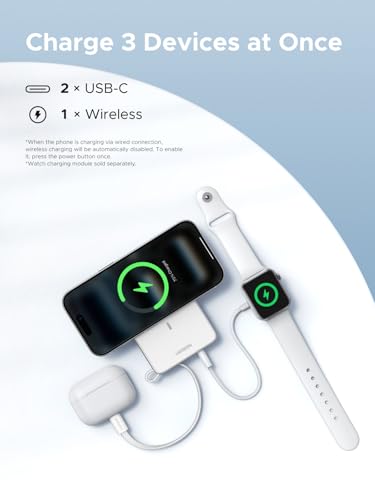 Image of UGREEN MagFlow 10,000mAh Power Bank, Qi2 25W Certified Wireless Charging, Magnetic Portable Charger for MagSafe with Built-in Cable, 30W USB-C Battery Pack for iPhone 17 Pro Max /16 /15 /14 /13 /12, White