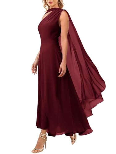 Image of Aisbei Women's Elegant One Shoulder A Line Flowy Maxi Dress Evening Gowns Party Formal Wedding Guest Dresses with Cape