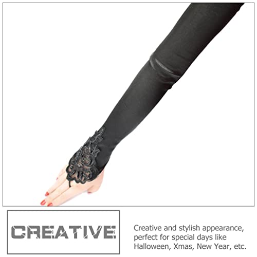 Mangas de Luvas Longas Pretas: Stretchy Finger Floral Bordado Lantejoulas Partido Bridal Luvas Fato