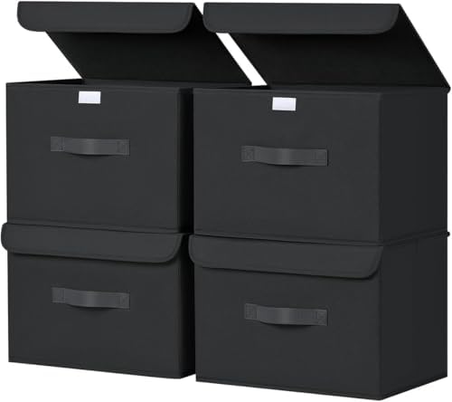 Homsorout Aufbewahrungsboxen mit Deckel, 38 x 25 x 25 cm, Schwarz, 4er Set | Aufbewahrungskorb Stoff Faltbare, Ordnungsboxen Kleiderschrank Organizer, Für Kleidung, Schrank, Würfel