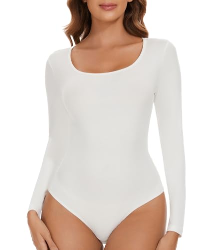 SHAPERIN Body para Mujer Manga Larga Cuello Redondo Long Sleeve Bodysuit Casual Round Neck Jumpsuit Top Blanco S