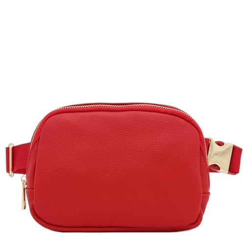Lightweight Soft PU Pebbled Leather Sling Fanny Pack Belt Bag with Gold Metal Buckle (Red)