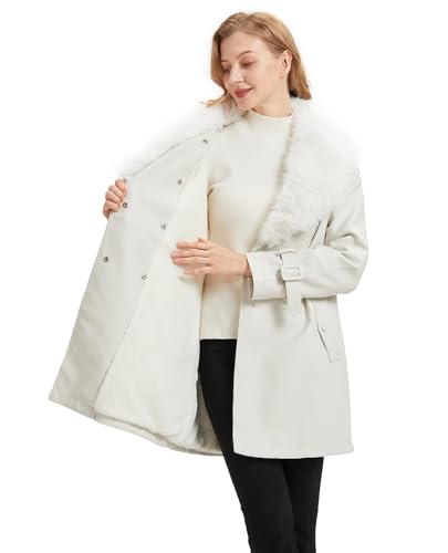 Women Faux Leather Trench Long Coat wiht Fur Collar,Mid Length Double-Breasted Overcoat Jacket Fur Lined3